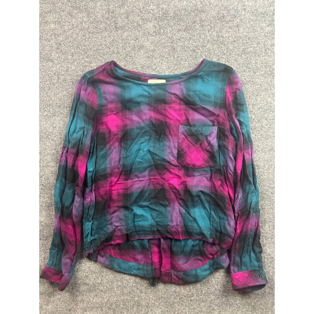 Cloth & Stone Plaid Top Womens Size S Pink Teal Lace Up Back Rayon Blouse